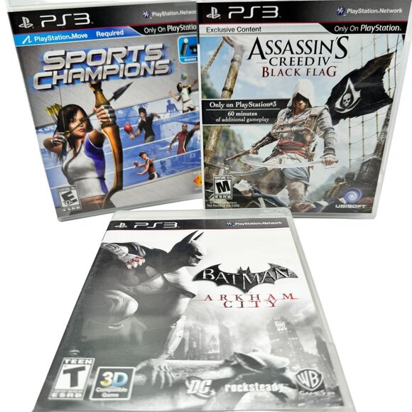 PS3 Game Lot of 3 Batman Arkham City Sports Champ Assassin's Creed IV Black Flag